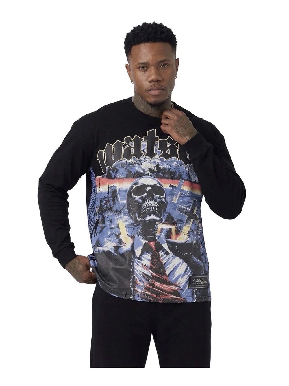 Watson Men's Black Graphic Skull Long Sleeve Medium